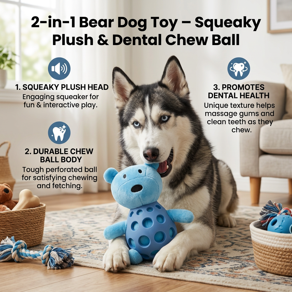 2-in-1 Bear Dog Toy – Squeaky Plush & Dental Chew Ball
