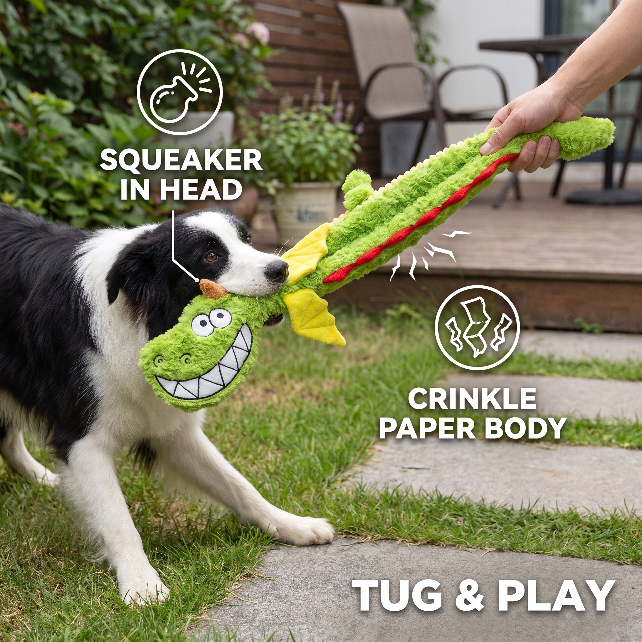 Durable Plush Dragon Dog Toy – Squeaky Crinkle Tug Toy