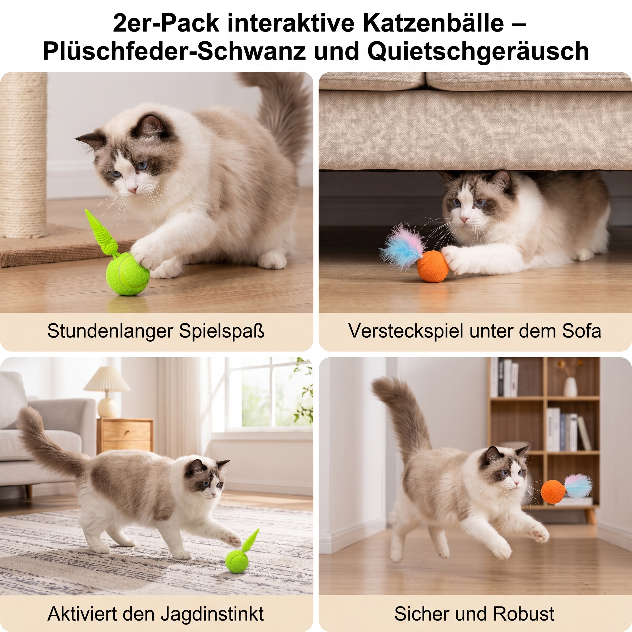 2-Pack Interactive Cat Balls – Plush Feather Tail & Squeaky Sound