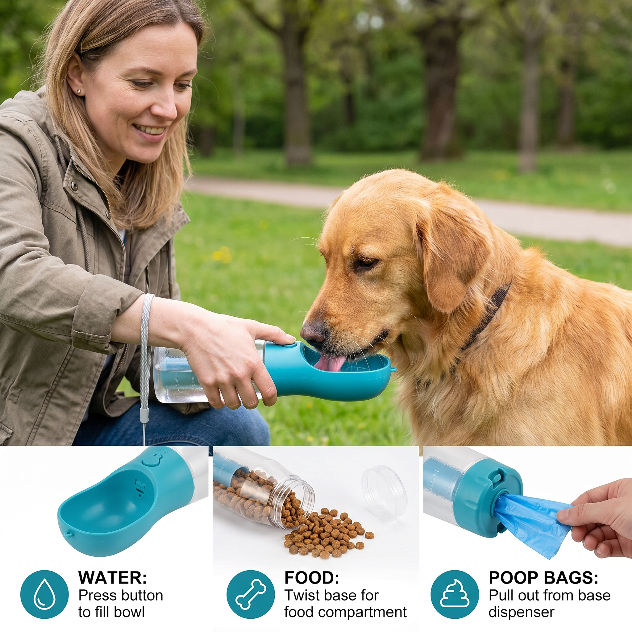 3 in 1 portable dog water bottle with food container and poop bag