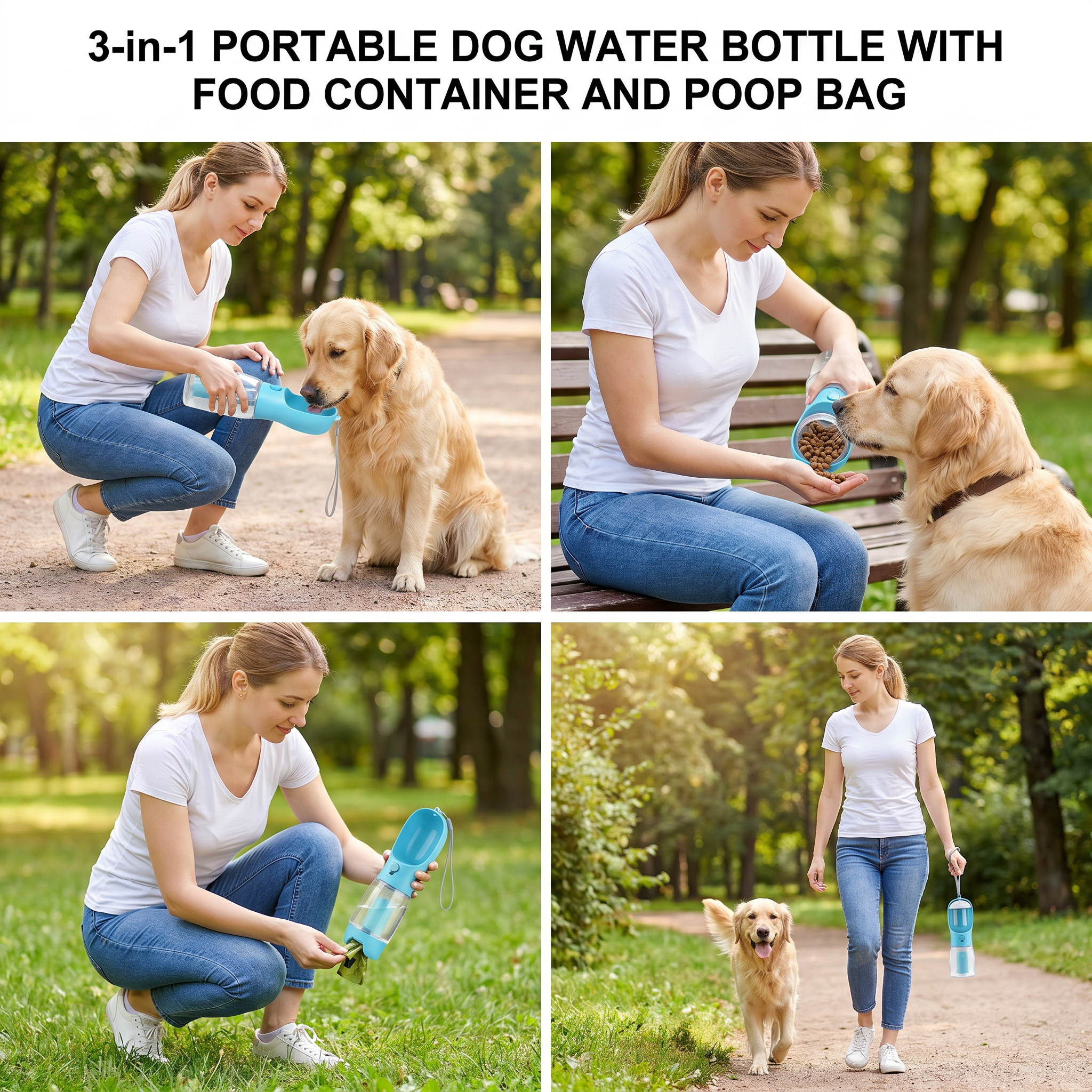 3 in 1 portable dog water bottle with food container and poop bag