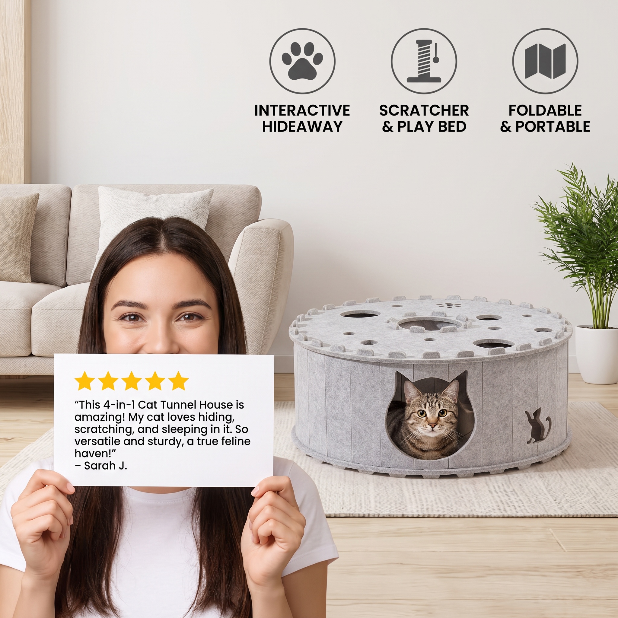 4-in-1 Foldable Cat Tunnel House – Interactive Hideaway, Scratcher & Play Bed