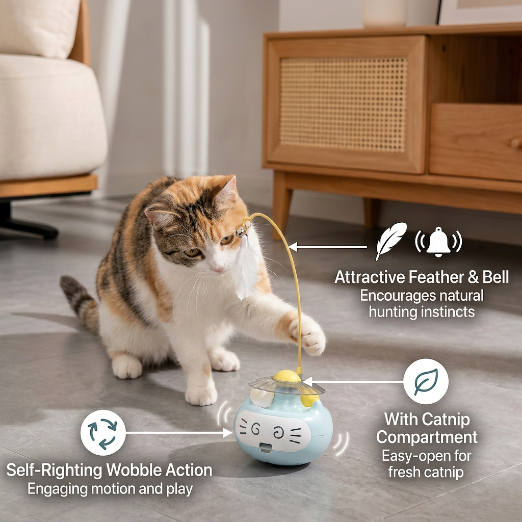 3in1 Interactive Catnip Cat Toy with Feather Wand & Bell