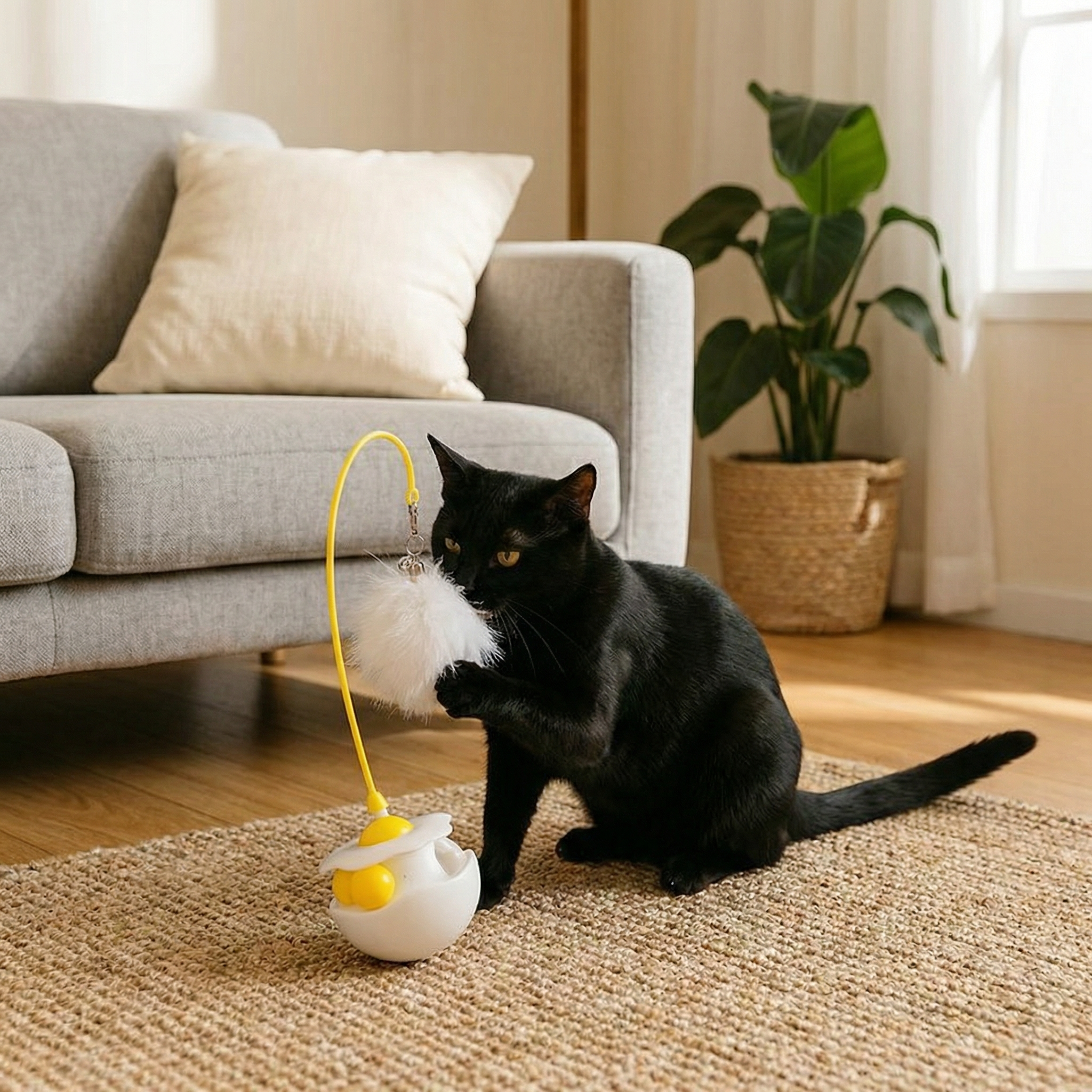 Wobbling feather and mint ball play station for cats