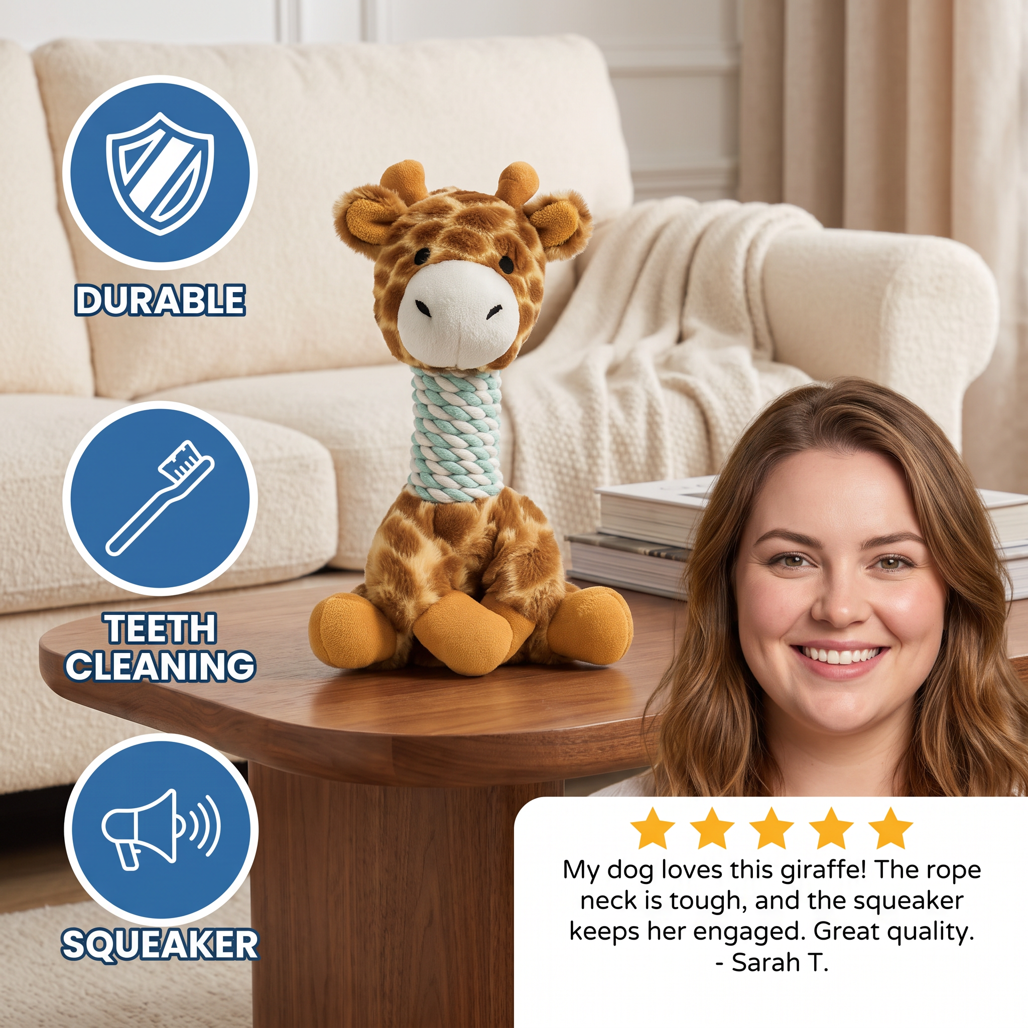 Durable Animal Plush Rope Dog Toy with Squeaker & Teeth Cleaning