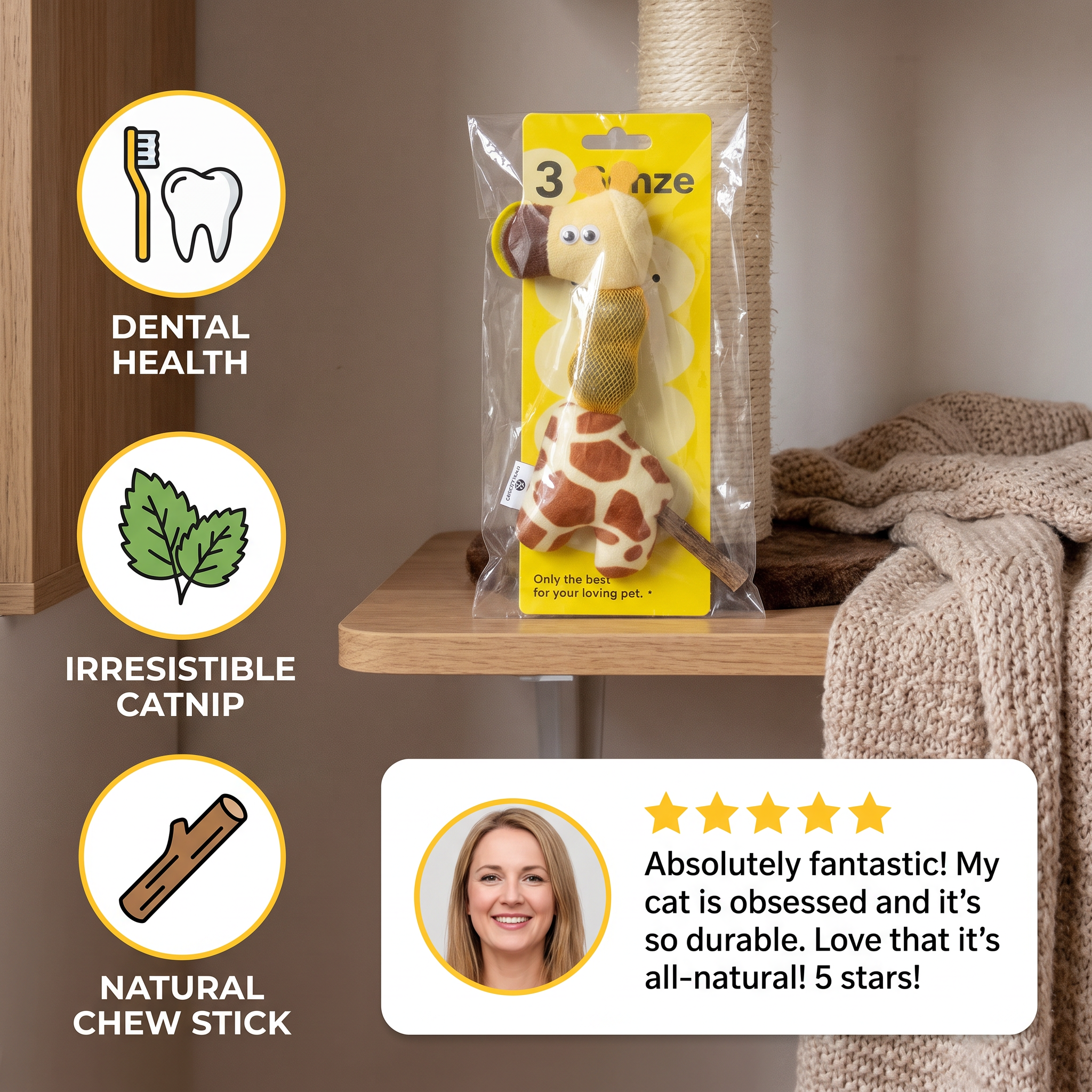 3-in-1 Dental Giraffe Cat Toy – Plush, Catnip Balls & Natural Chew Stick