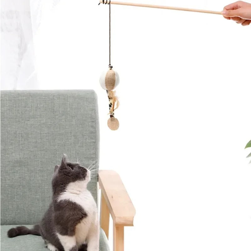 Colorful Wand Cat Toy with Wooden Handle