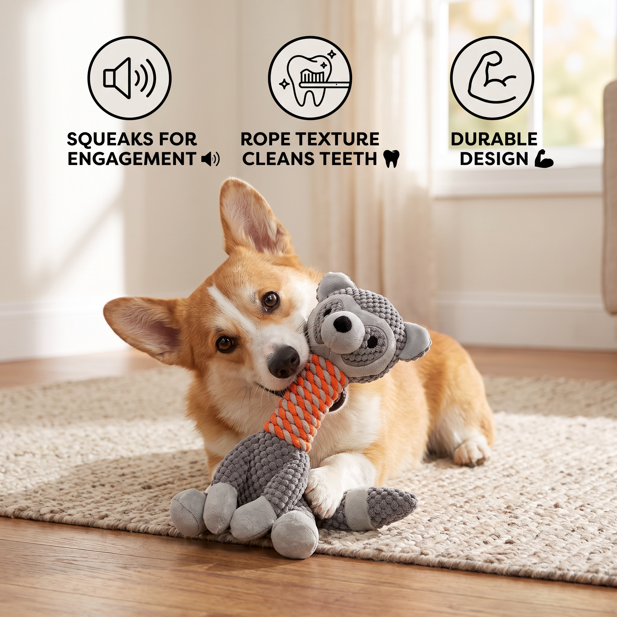 Durable Animal Plush Rope Dog Toy with Squeaker & Teeth Cleaning