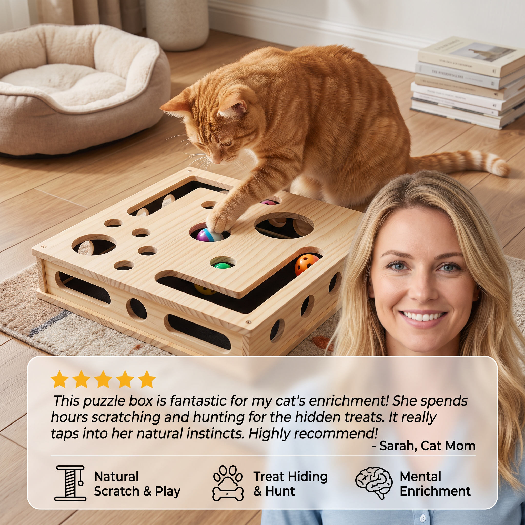 Interactive Wooden Cat Puzzle Box – Scratch, Hide & Treat Enrichment Toy